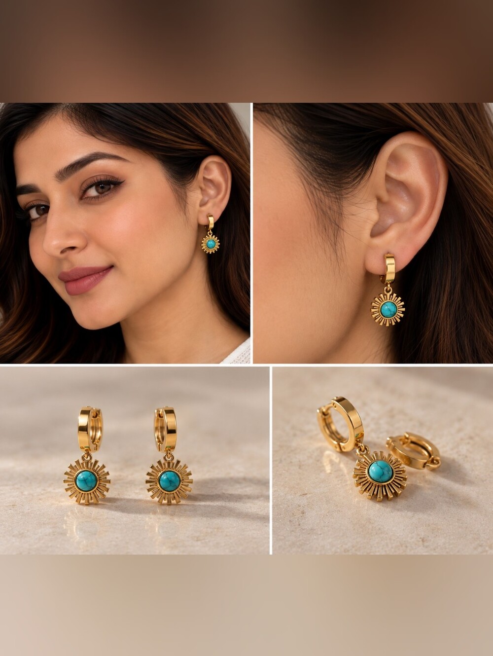 Gold Sunburst Hoop Earrings with Turquoise Stone